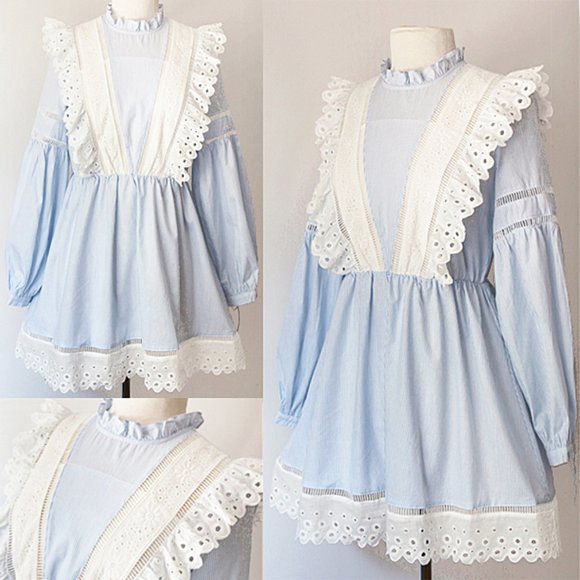 the clothing company Dresses & Skirts - Blue Striped Cotton Eyelet Embroidery Ruffle Dress